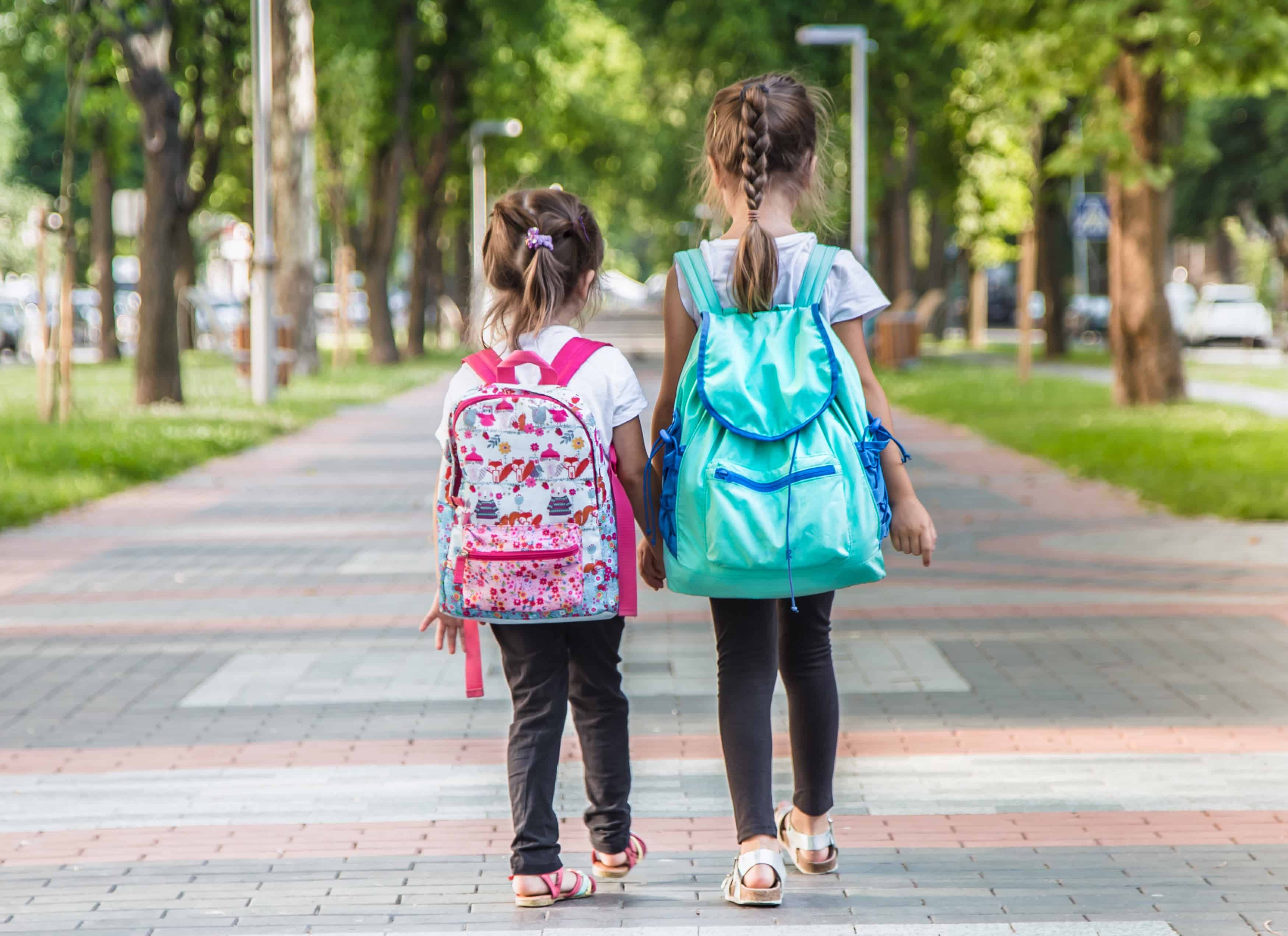 photo of 2 little girls with backpacks walking to school